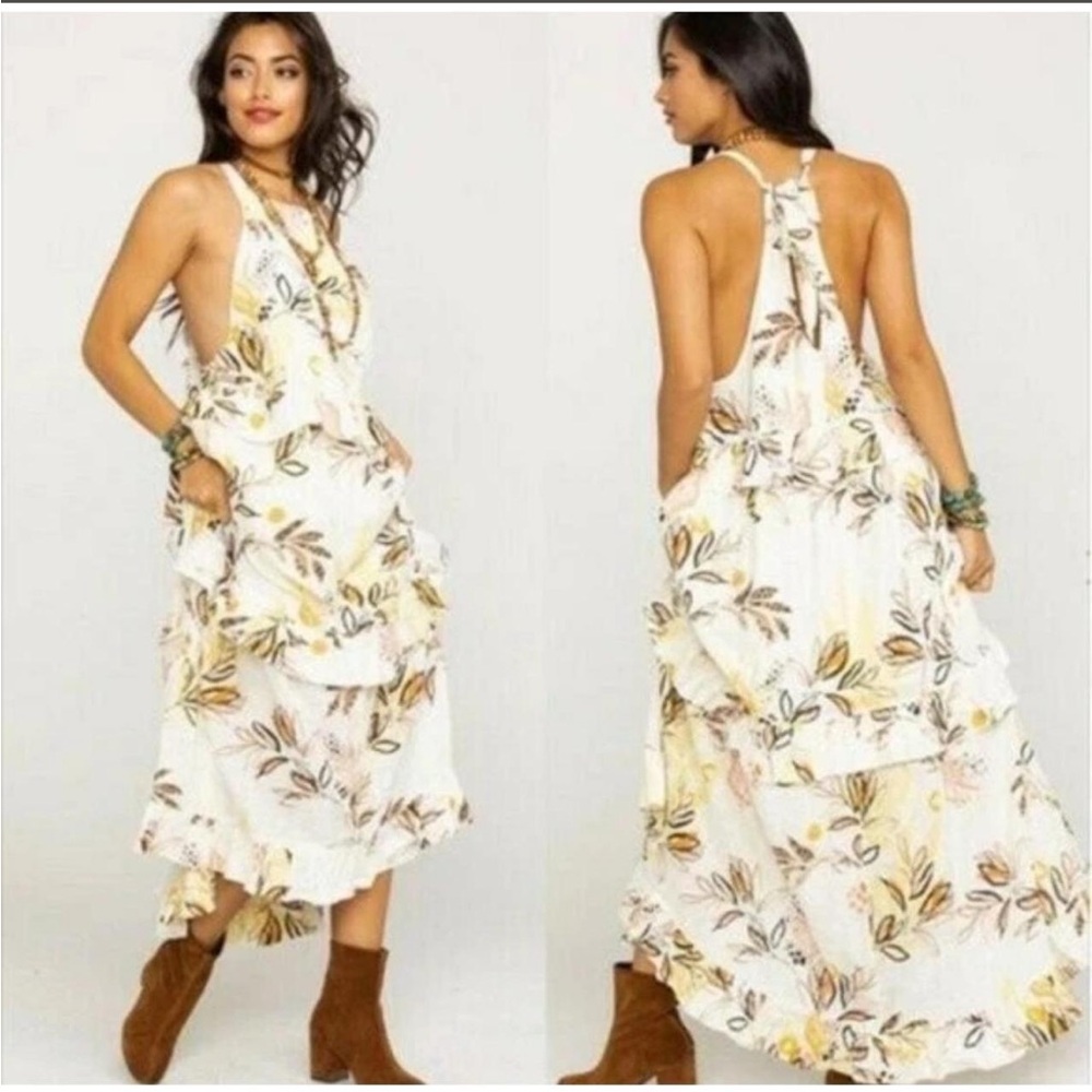 Free People White Floral Backless Ruffle Maxi Dress